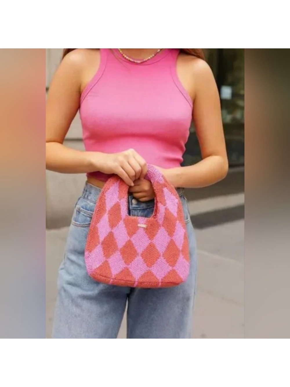 Kopari Stylish Pink & Coral Argyle Diamond Knit Purse
